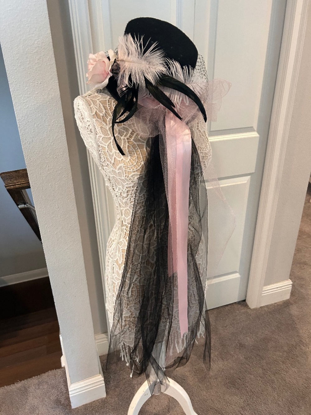 Bachelorette Pink and Black Top Hat with Toole, Netting, Pink Ribbon and a Rose - Picture 2 of 6